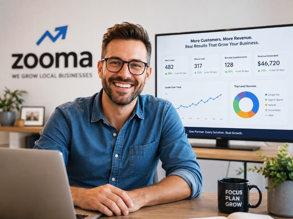 Zooma operator at a desk with a growth dashboard showing more customers and revenue